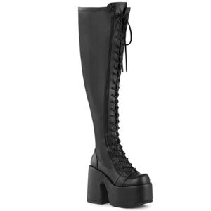 Demonia Camel 300 Lace Up Thigh High Black Vegan Leather Platform Boot